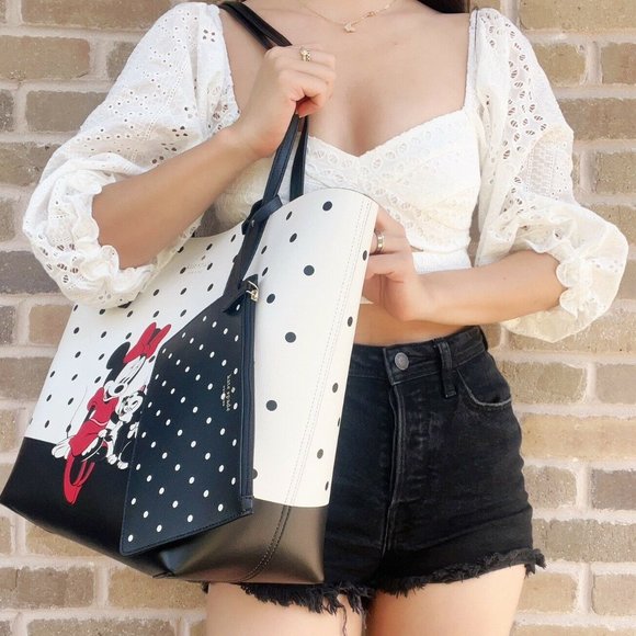 Kate Spade X Disney Minnie Mouse & Figaro White Polka Dot Leather Tote Handbag - Picture 4 of 5